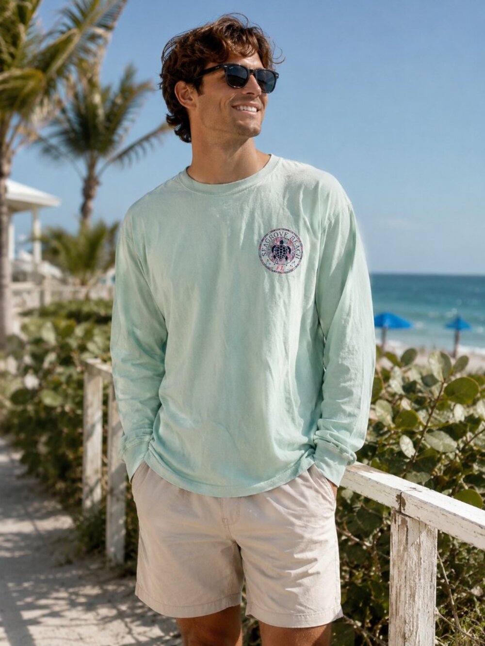 U.S. Vintage Sea Grove Beach FL Long Sleeve Tee Size M Mint Green Graphic